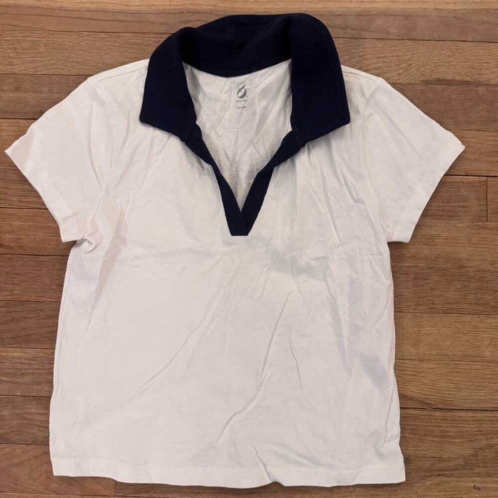 Lou & Grey white navy blue short sleeve collared T-shirt top size small S
b71